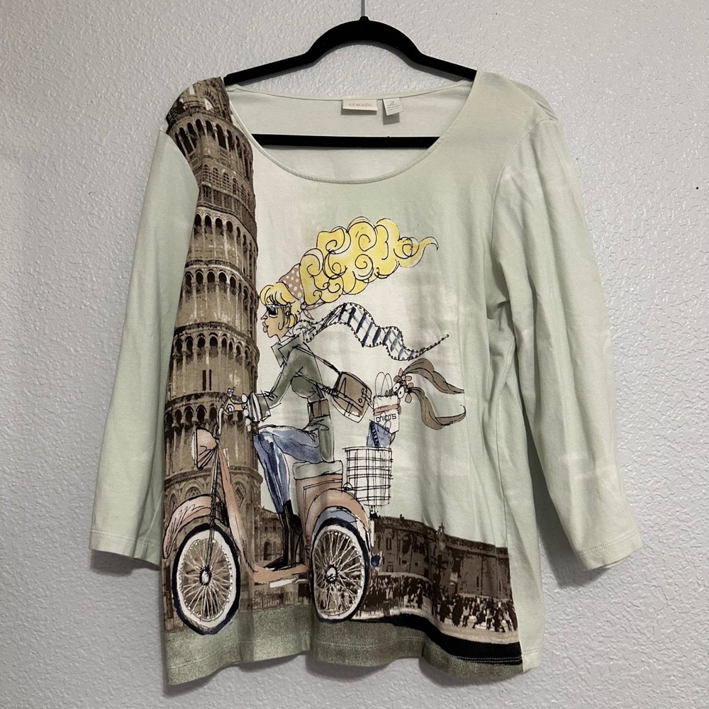 Chicos Womens Green Leaning Tower of Pisa Scooter Graphic Tee Size 2 L Italian